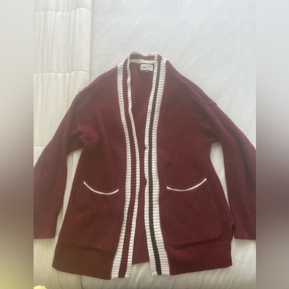 Universal Thread Maroon Cardigan with Striped Trim